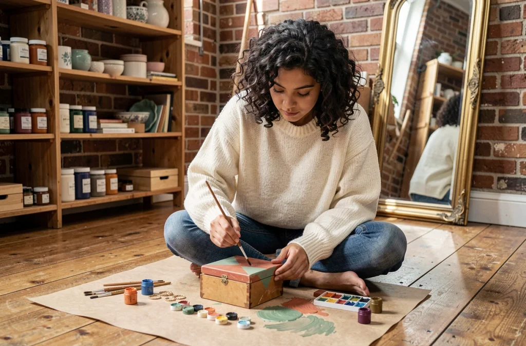 Jeune femme personnalisant une boîte à bijoux vintage en bois avec des peintures acryliques dans un atelier créatif artisanal