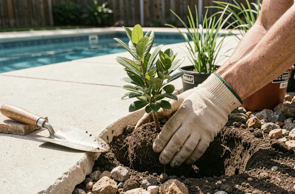 Gros plan sur des mains gantées plantant un pittosporum nain en bordure de piscine résidentielle, avec des plants de liriope et laîche ornementale en attente