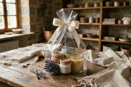 Sac cadeau transparent contenant des produits artisanaux comme des bougies et de la lavande sur une table en bois rustique