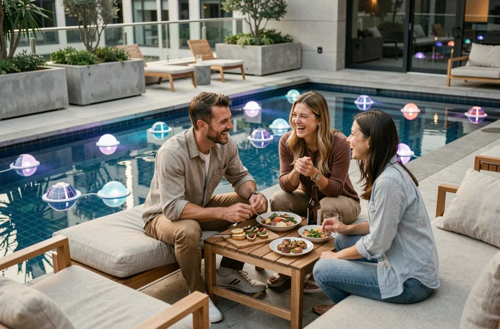 Groupe d'amis profitant d'une soirée conviviale autour d'une piscine moderne éclairée par des boules LED flottantes sur terrasse urbaine