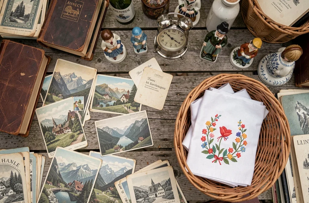 Table de vide grenier avec objets vintage et antiquités typiques de la région d'Annecy