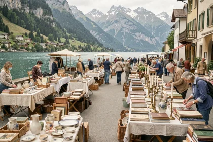 Vide grenier en bord du lac d'Annecy avec stands d'antiquités et montagnes en arrière-plan