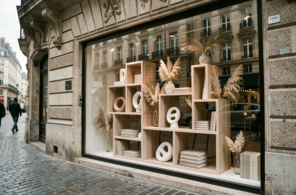 Vitrine d'un magasin de décoration à Lyon avec sculptures et herbes de la pampa reflétant les tendances 2026