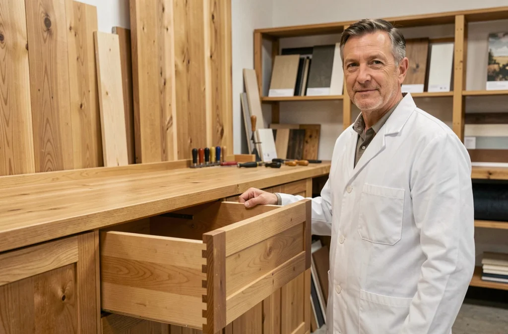 Artisan présentant un meuble de cuisine en chêne massif fabriqué en France, showroom Arthur Bonnet Lyon