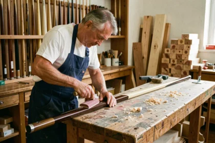Artisan fabricant de queues de billard Chevillotte travaillant dans un atelier traditionnel français