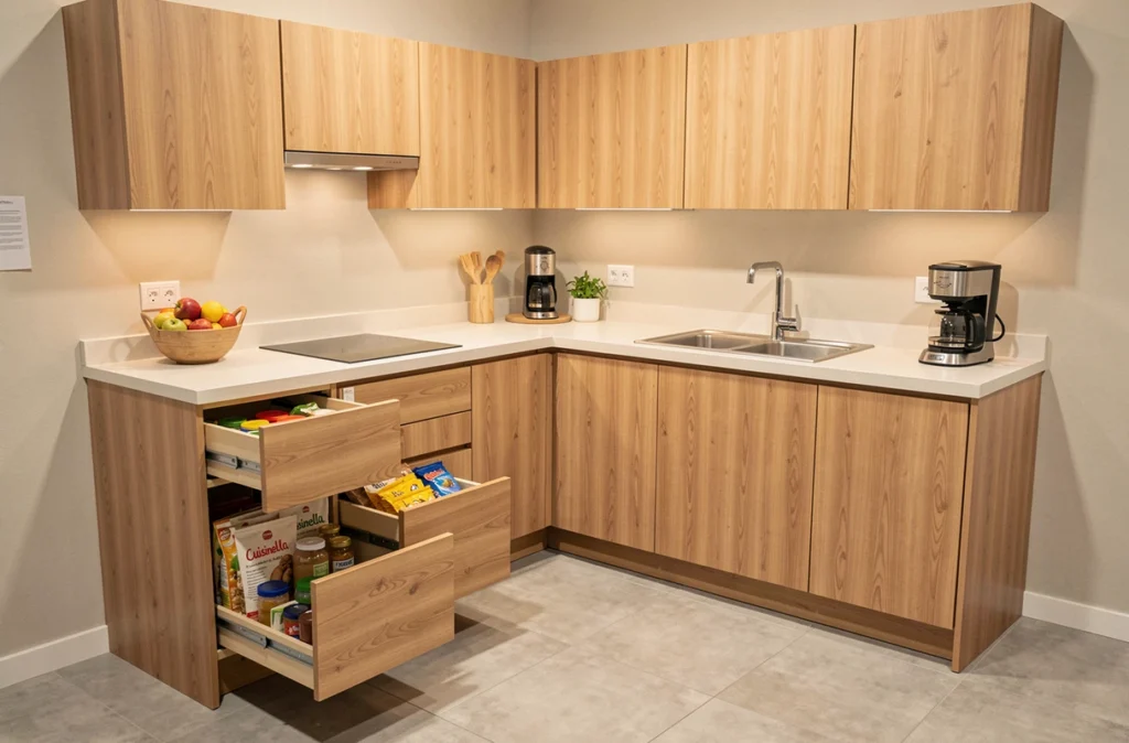 Cuisine familiale fonctionnelle avec rangements optimisés exposée dans un showroom Cuisinella à Caluire-et-Cuire