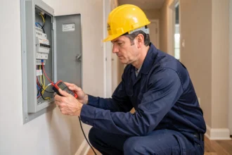 Électricien professionnel inspectant un tableau électrique dans une maison moderne avec un multimètre