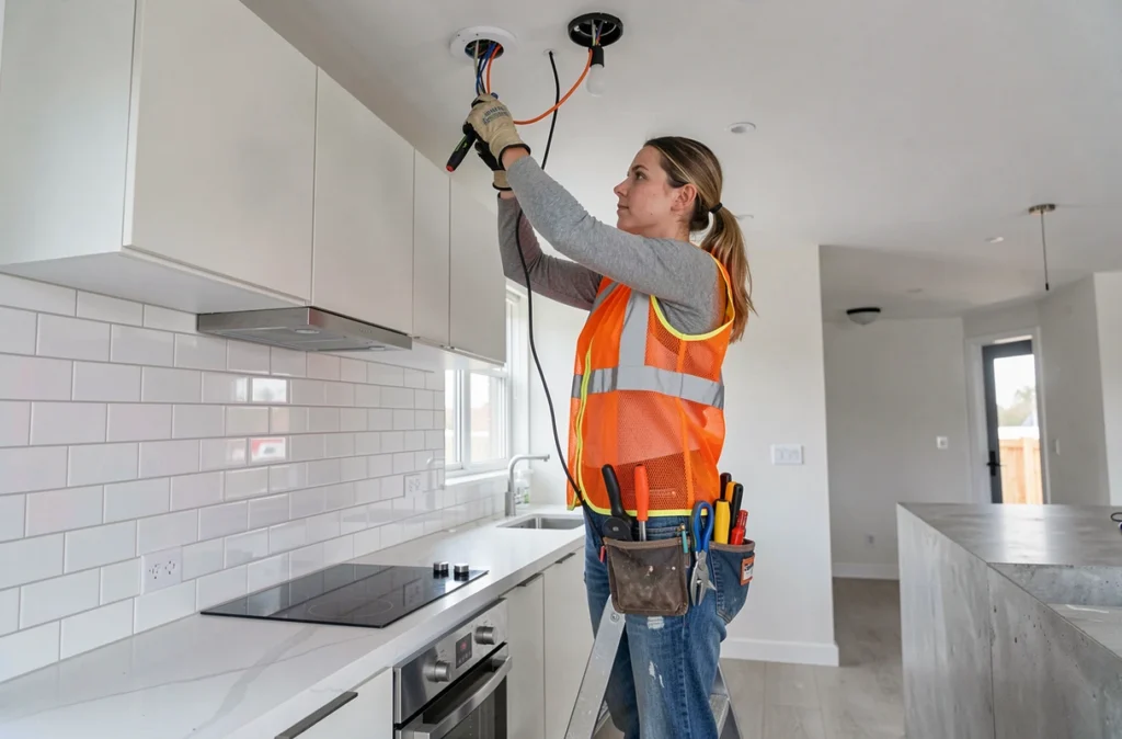 Électricienne installant un luminaire au plafond dans une cuisine moderne rénovée