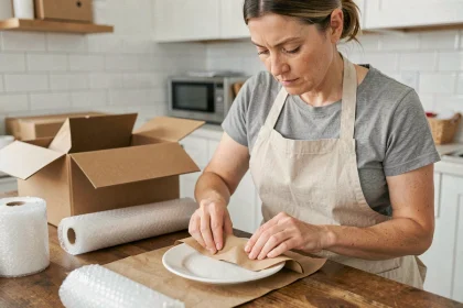 Femme emballant une assiette en céramique avec du papier kraft sur une table en bois lors d'un déménagement