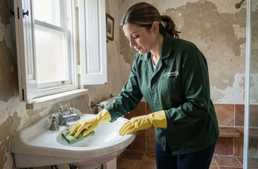 Employée de la société Être et Boulot Honfleur réalisant l'entretien d'une salle de bain dans une maison honfleuraise