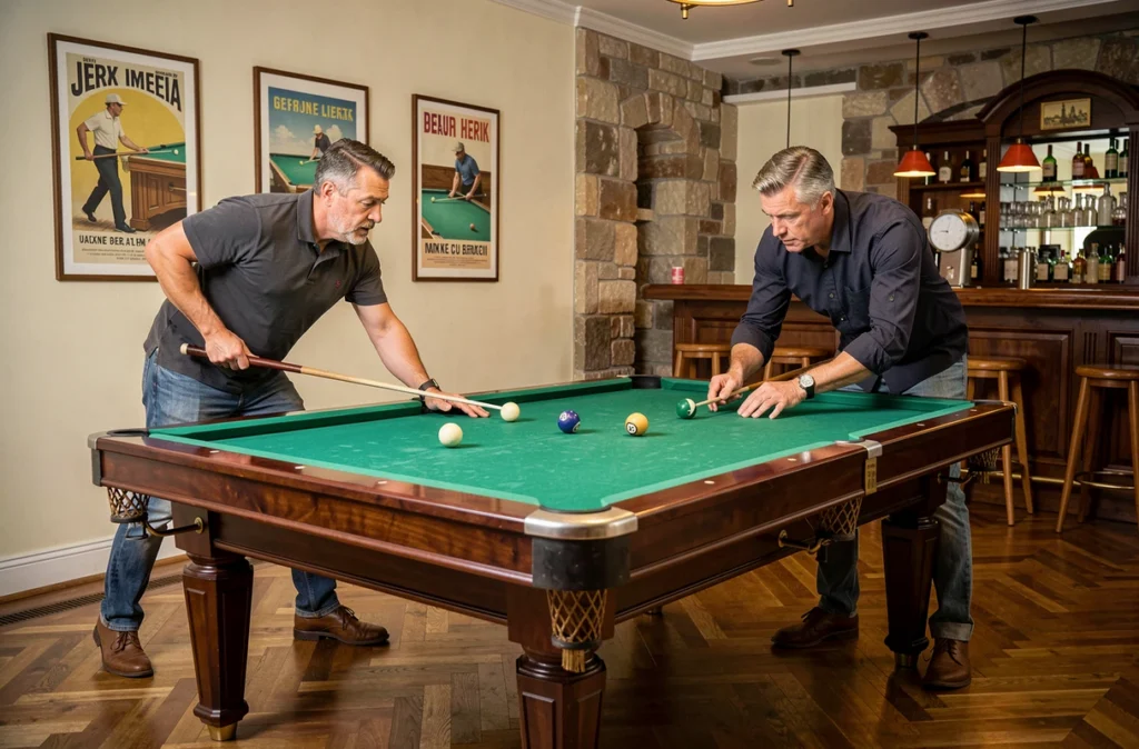Deux joueurs de billard carambole s'affrontant sur une table Chevillotte dans un salon de billard élégant