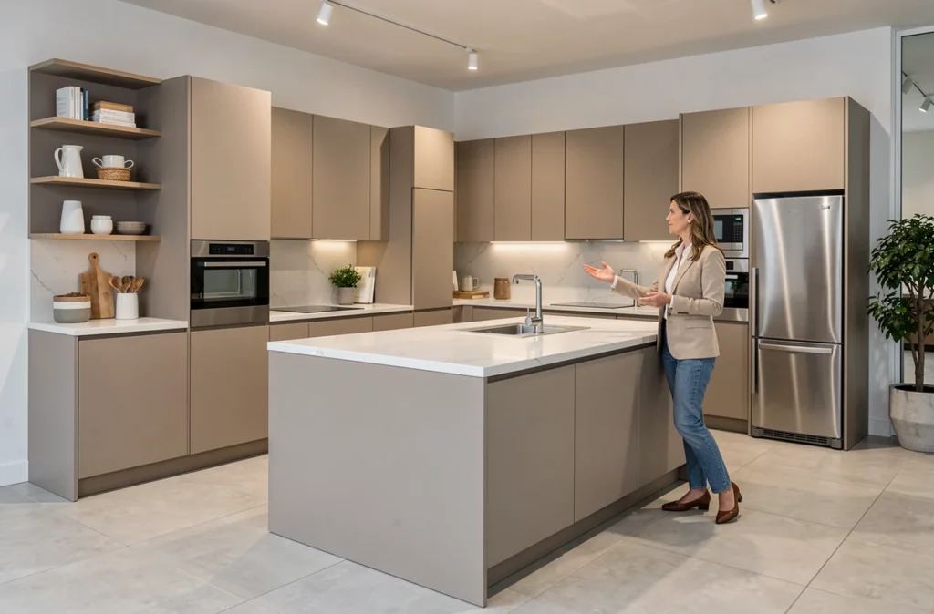 Designer présentant un agencement de cuisine ergonomique en U dans un showroom Mobalpa Lyon