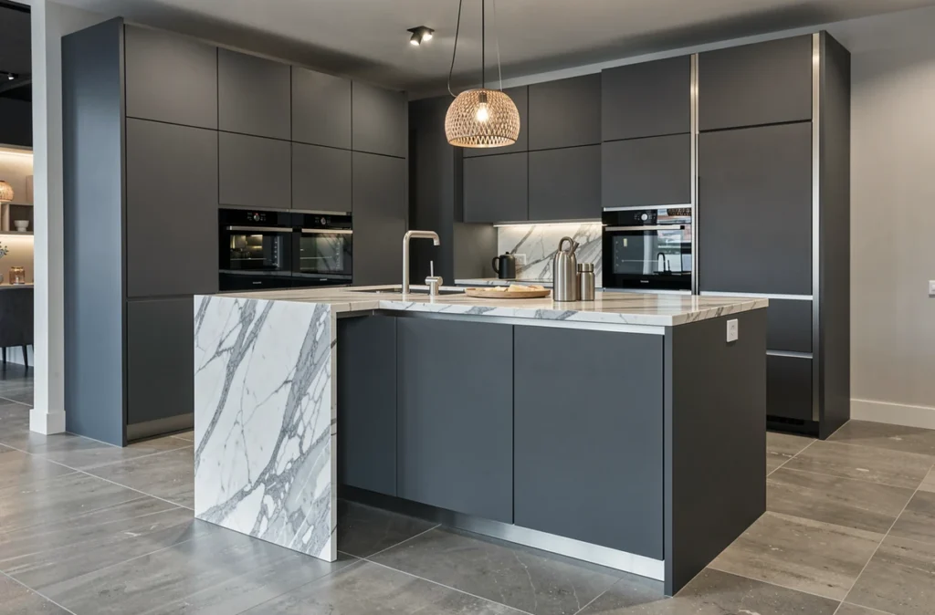 Cuisine contemporaine haut de gamme avec comptoir en marbre et façades anthracite mates, showroom Perene Lyon