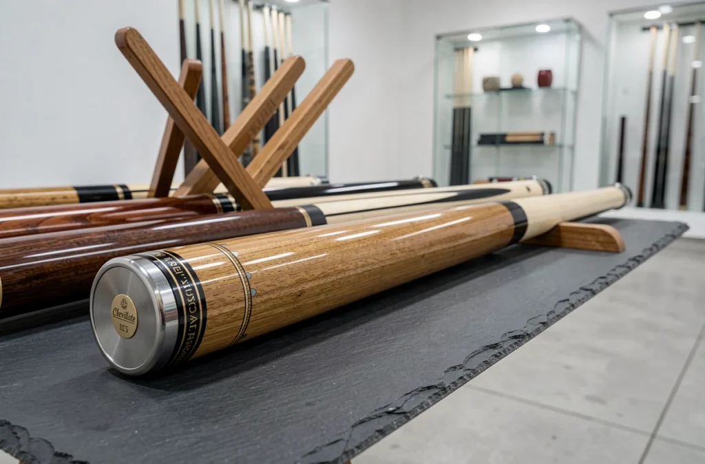 Queue de billard haut de gamme Chevillotte exposée dans une boutique spécialisée avec détails d'incrustation artisanale