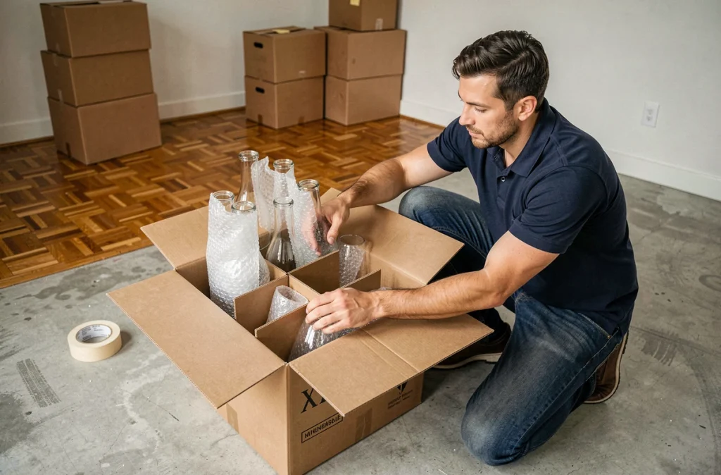 Homme rangeant des verres emballés dans des bulles d'air dans un carton de déménagement avec séparateurs en carton