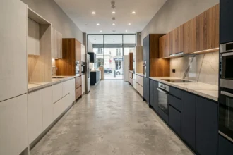 Vue panoramique d'un showroom de cuisinistes à Lyon avec plusieurs modèles de cuisines exposés