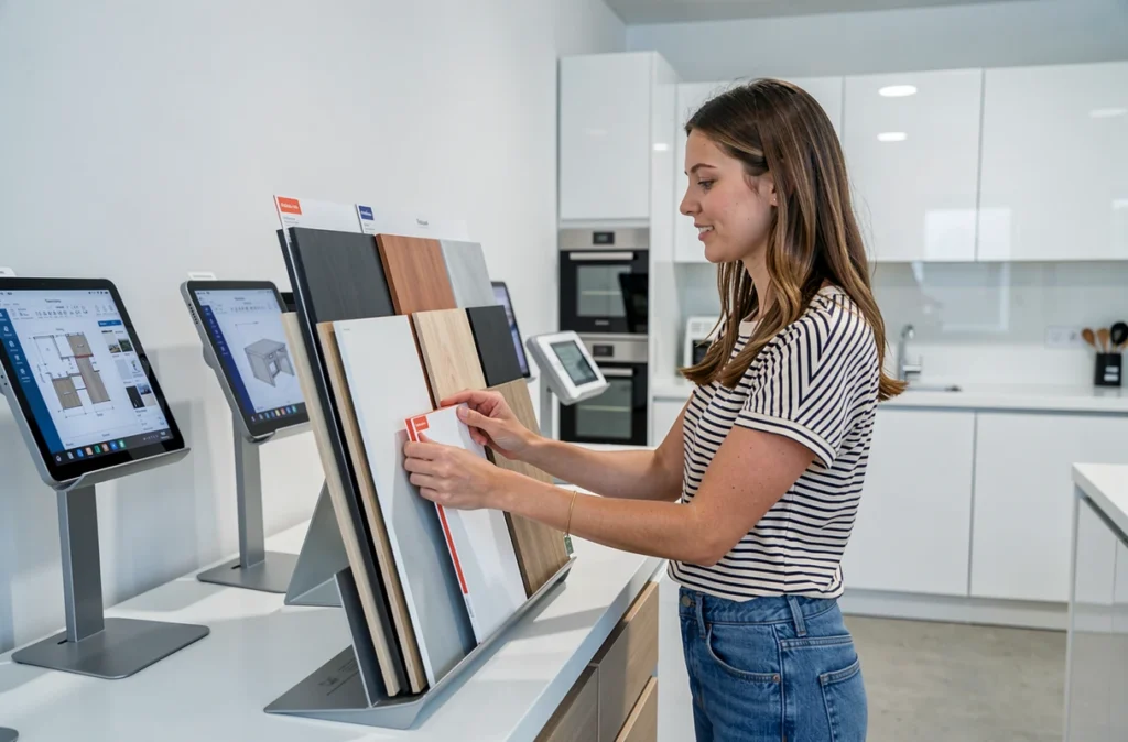 Jeune femme choisissant des finitions de façades dans un showroom SoCoo'c à Villeurbanne, cuisine accessible