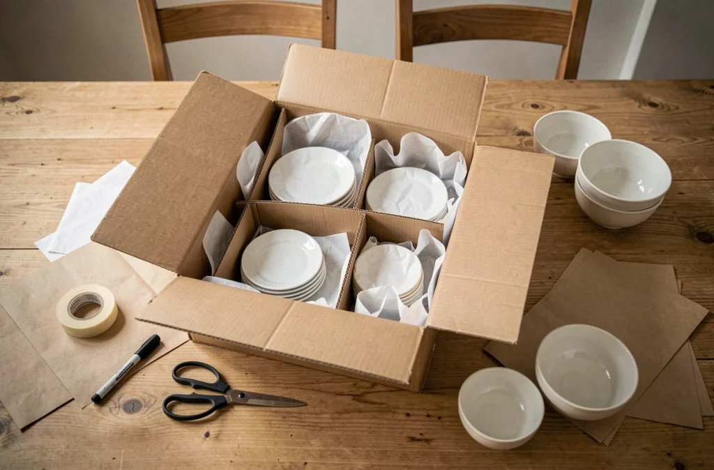 Vue de dessus d'un carton de vaisselle organisé avec séparateurs, papier d'emballage et matériel de déménagement sur une table en bois