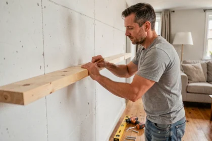 Homme fixant une planche en bois au mur avec une perceuse et des chevilles dans un intérieur domestique