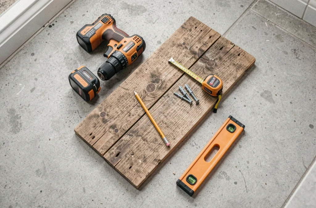 Vue de dessus d'une planche en bois et d'outils de bricolage posés sur le sol pour une fixation murale